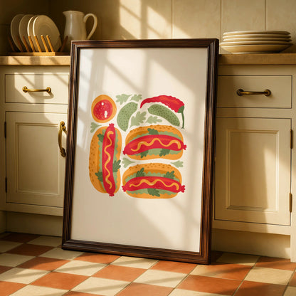 Hot Dog Kitchen Wall Art, Food Poster Print, Colourful Retro Kitchen Decor, Fun Foodie Gift