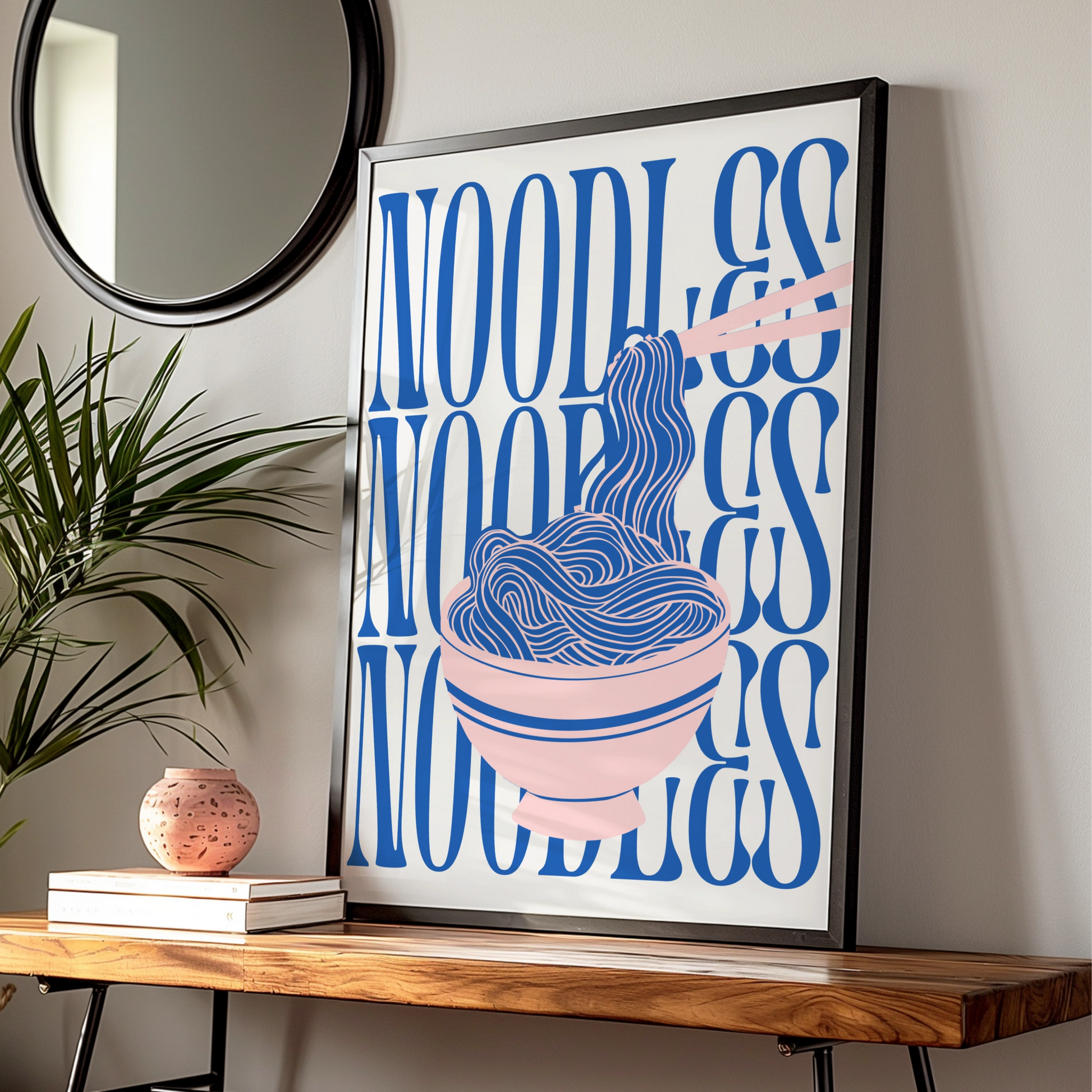Noodles Kitchen Print, Ramen Bowl Wall Art, Pink Blue Food Poster, Fun Kitchen Decor