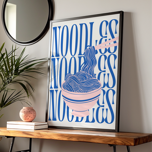 Noodles Kitchen Print, Ramen Bowl Wall Art, Pink Blue Food Poster, Fun Kitchen Decor