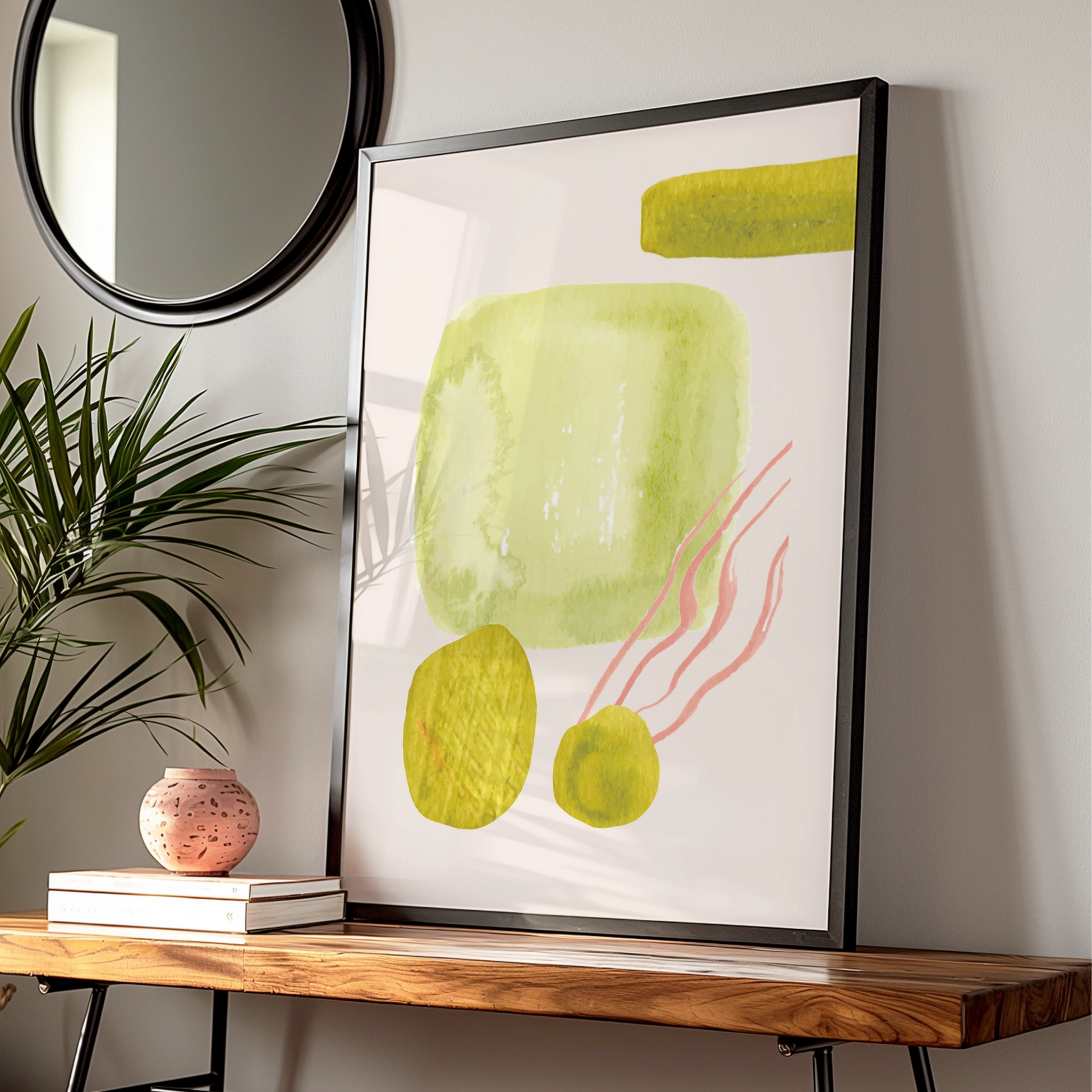 Kitchen Abstract Wall Art, Olive Green Pink Watercolour Print, Modern Kitchen Poster