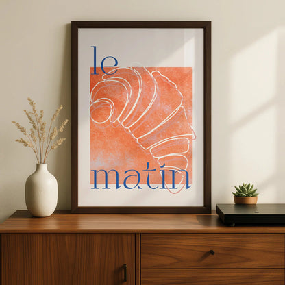 French Croissant Kitchen Print, Le Matin Poster, Orange Blue Breakfast Wall Art