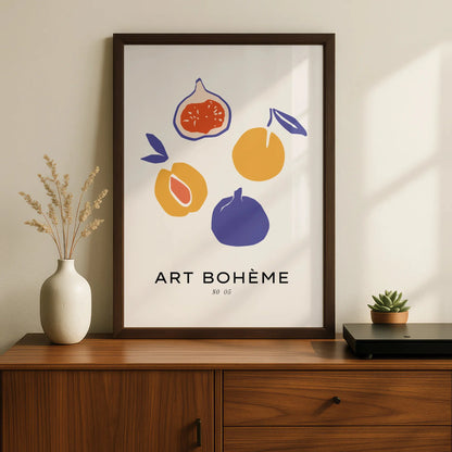 Kitchen Fruit Wall Art, Art Boheme Fig Poster, Boho Kitchen Print, Colourful Retro Fruit Decor