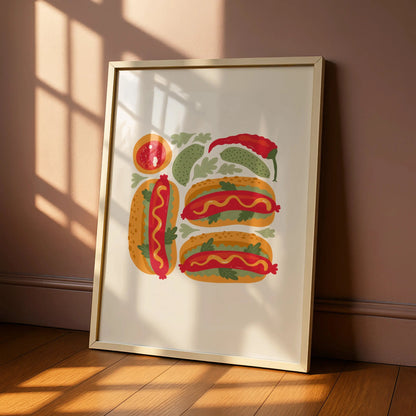 Hot Dog Kitchen Wall Art, Food Poster Print, Colourful Retro Kitchen Decor, Fun Foodie Gift