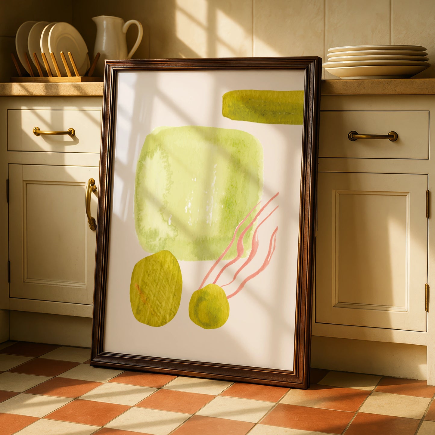 Kitchen Abstract Wall Art, Olive Green Pink Watercolour Print, Modern Kitchen Poster