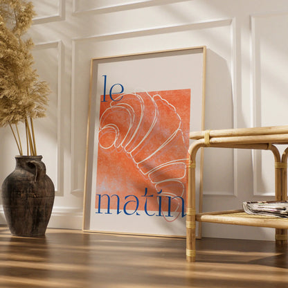 French Croissant Kitchen Print, Le Matin Poster, Orange Blue Breakfast Wall Art