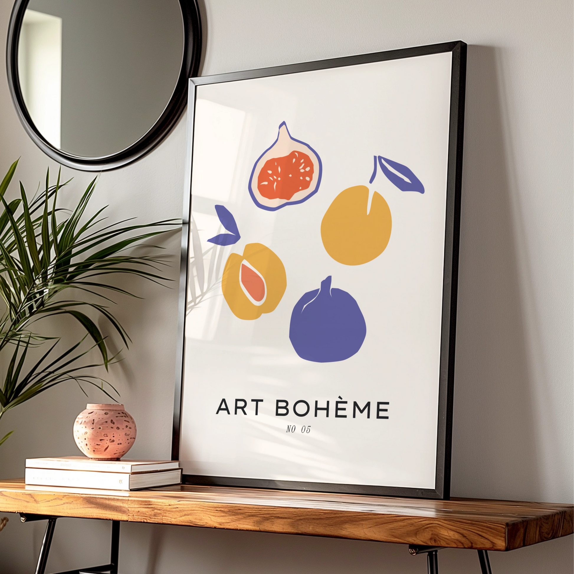 Kitchen Fruit Wall Art, Art Boheme Fig Poster, Boho Kitchen Print, Colourful Retro Fruit Decor
