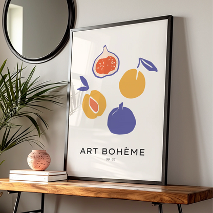Kitchen Fruit Wall Art, Art Boheme Fig Poster, Boho Kitchen Print, Colourful Retro Fruit Decor