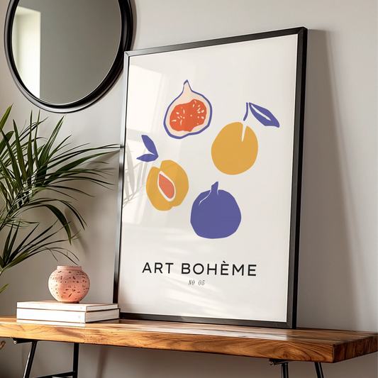 Kitchen Fruit Wall Art, Art Boheme Fig Poster, Boho Kitchen Print, Colourful Retro Fruit Decor