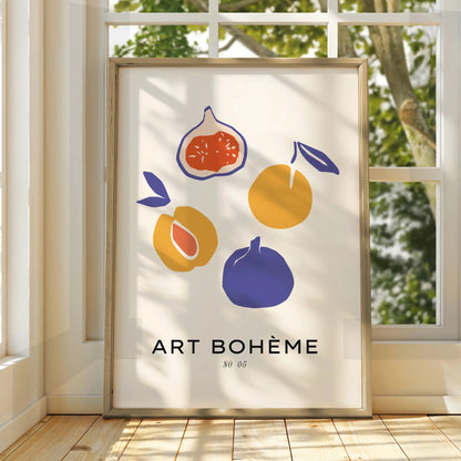 Kitchen Fruit Wall Art, Art Boheme Fig Poster, Boho Kitchen Print, Colourful Retro Fruit Decor