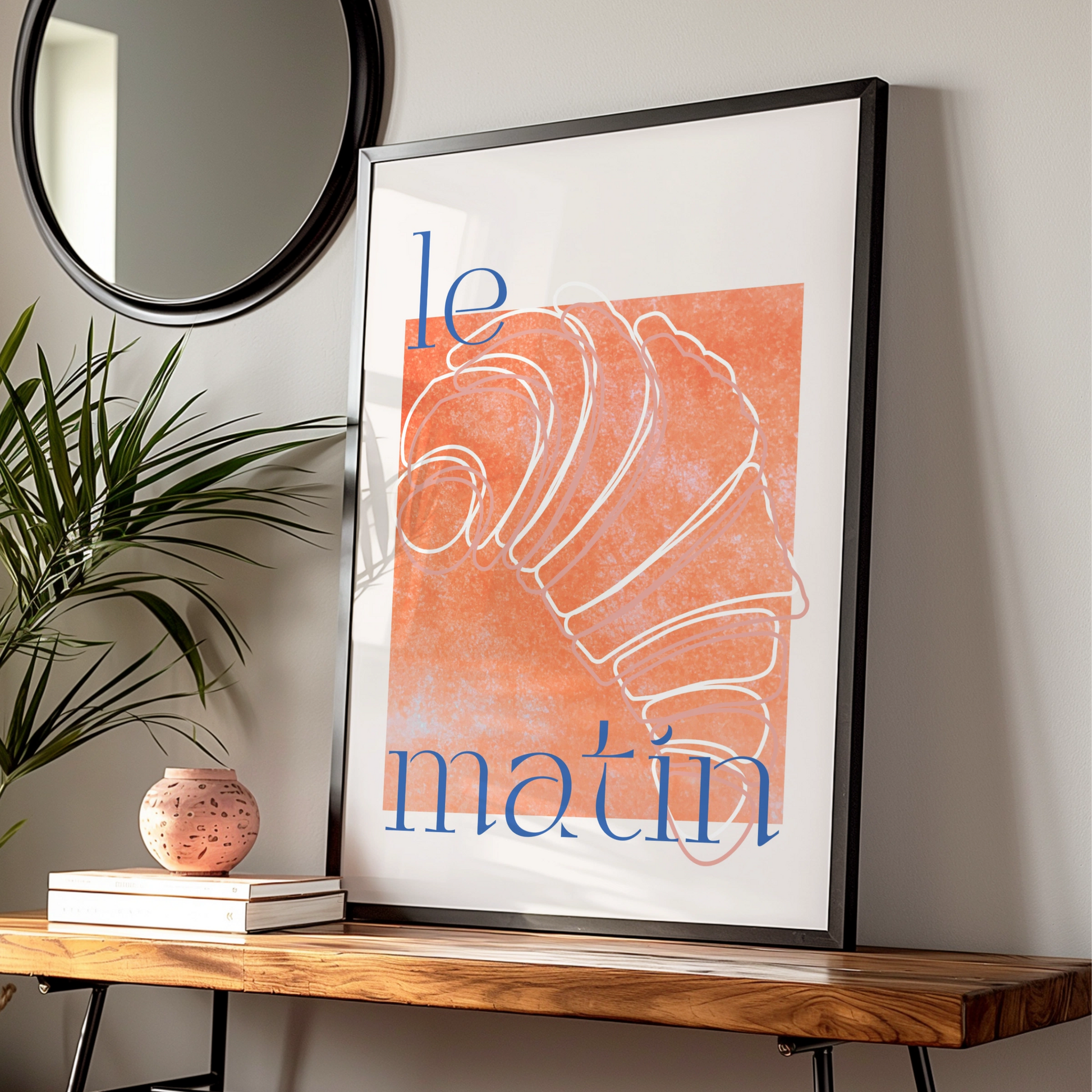 French Croissant Kitchen Print, Le Matin Poster, Orange Blue Breakfast Wall Art