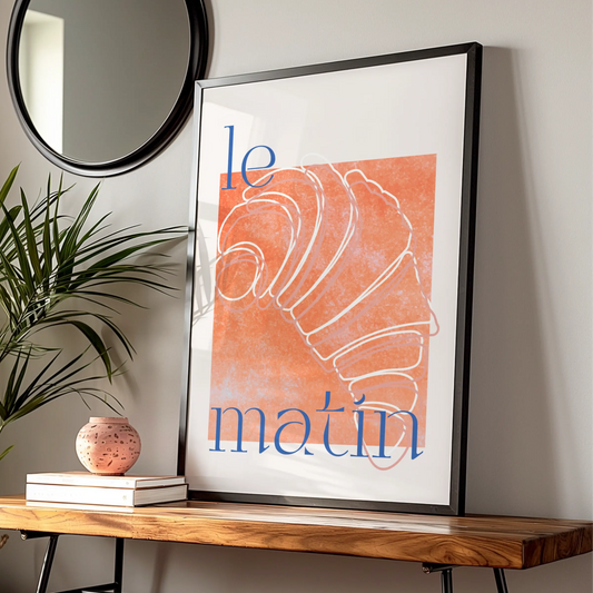 French Croissant Kitchen Print, Le Matin Poster, Orange Blue Breakfast Wall Art