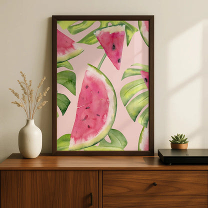 Watercolour Watermelon Kitchen Print, Tropical Fruit Wall Art, Pink Green Poster