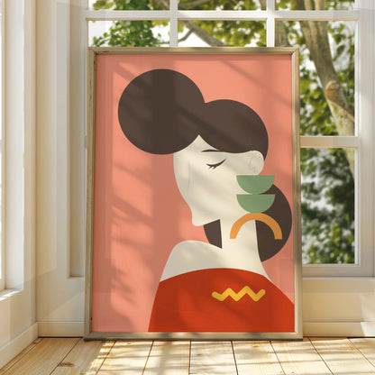 Kitchen Art Print, Retro Woman With Tea Cups Poster, Mid Century Modern Wall Art