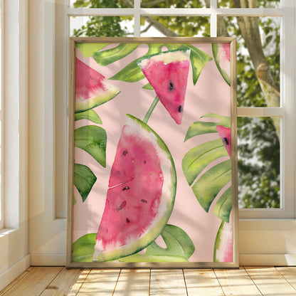 Watercolour Watermelon Kitchen Print, Tropical Fruit Wall Art, Pink Green Poster