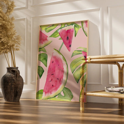Watercolour Watermelon Kitchen Print, Tropical Fruit Wall Art, Pink Green Poster