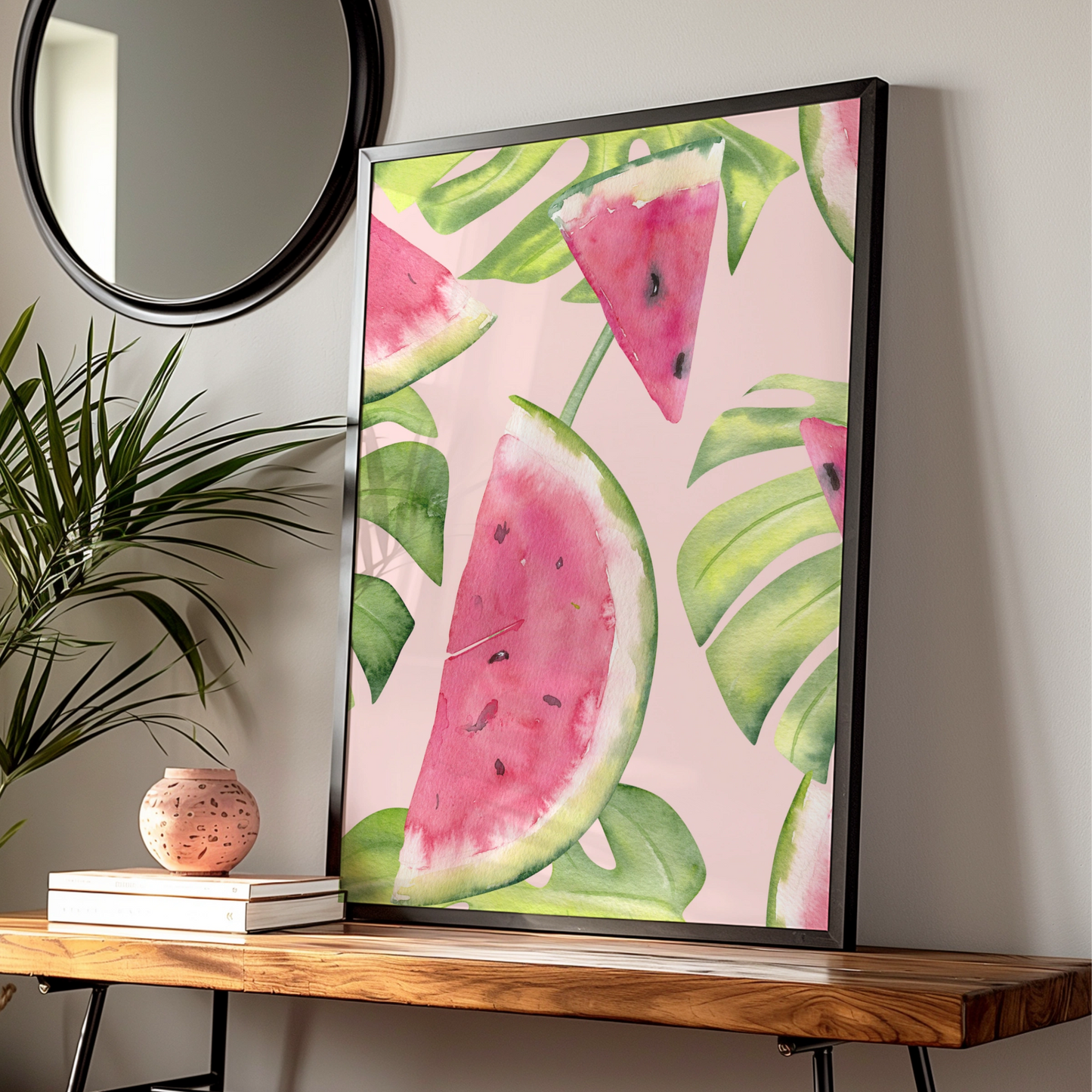 Watercolour Watermelon Kitchen Print, Tropical Fruit Wall Art, Pink Green Poster