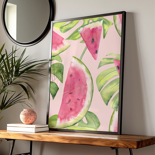 Watercolour Watermelon Kitchen Print, Tropical Fruit Wall Art, Pink Green Poster