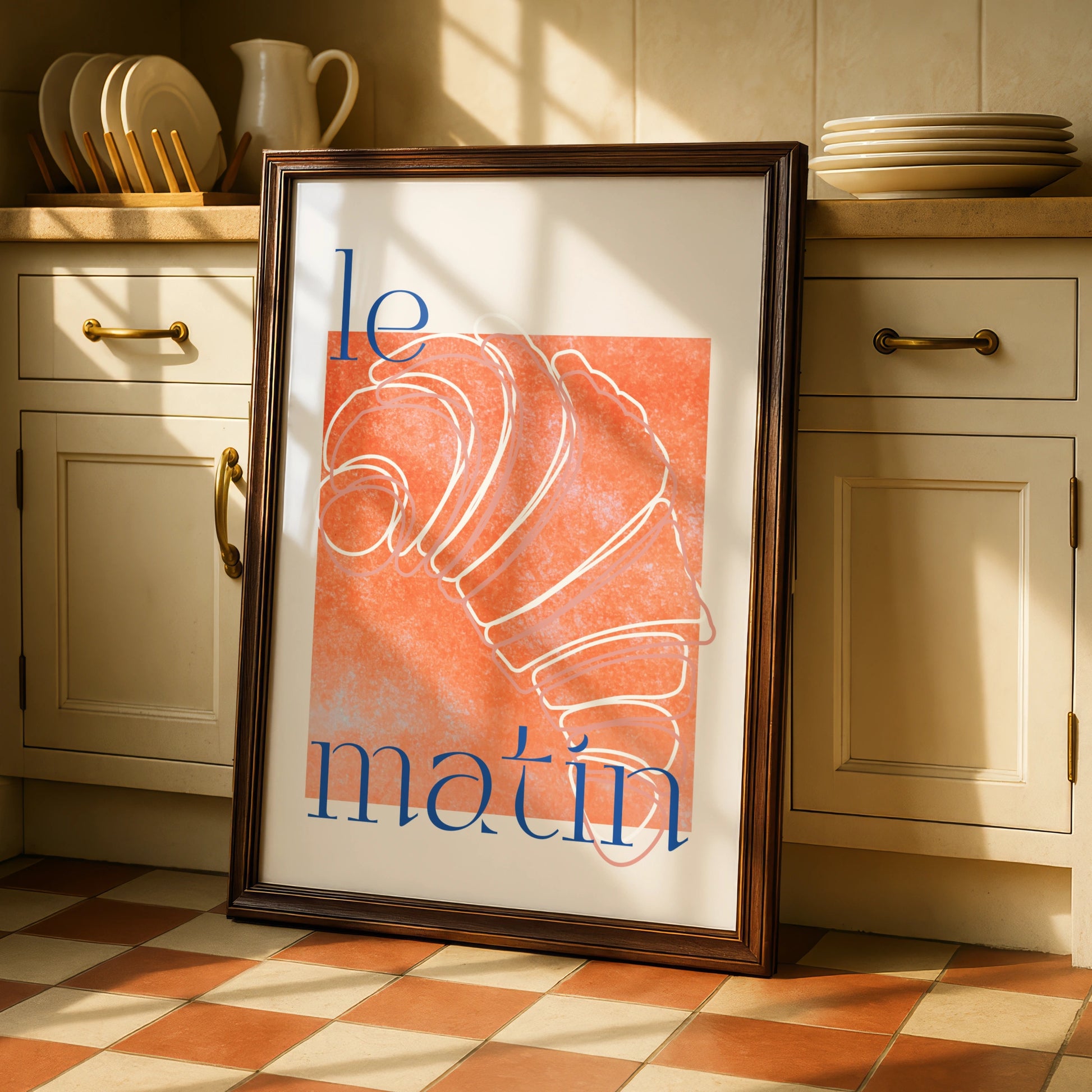 French Croissant Kitchen Print, Le Matin Poster, Orange Blue Breakfast Wall Art