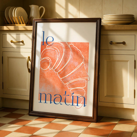 French Croissant Kitchen Print, Le Matin Poster, Orange Blue Breakfast Wall Art