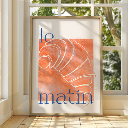 French Croissant Kitchen Print, Le Matin Poster, Orange Blue Breakfast Wall Art