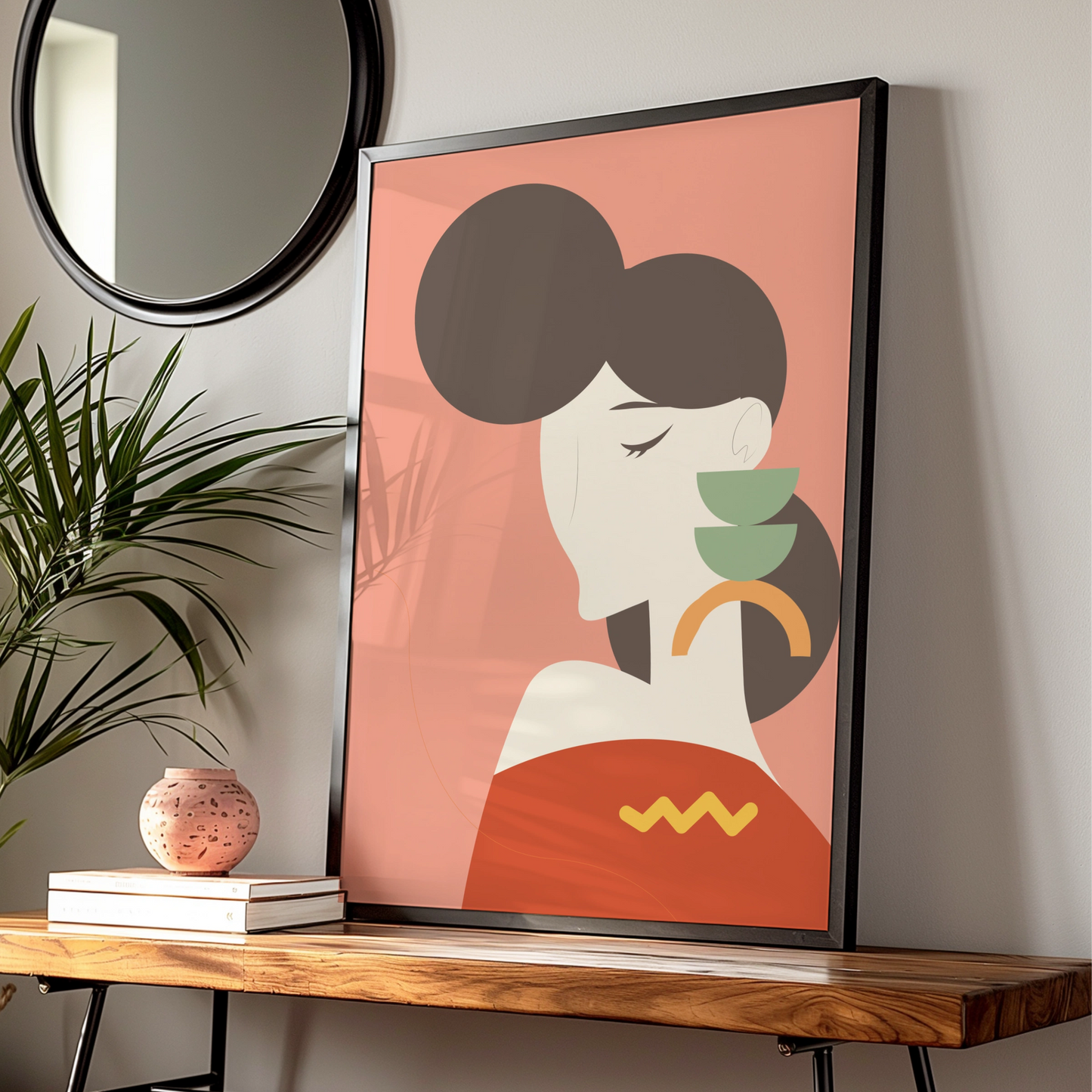 Kitchen Art Print, Retro Woman With Tea Cups Poster, Mid Century Modern Wall Art