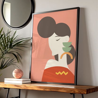 Kitchen Art Print, Retro Woman With Tea Cups Poster, Mid Century Modern Wall Art