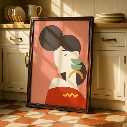Kitchen Art Print, Retro Woman With Tea Cups Poster, Mid Century Modern Wall Art