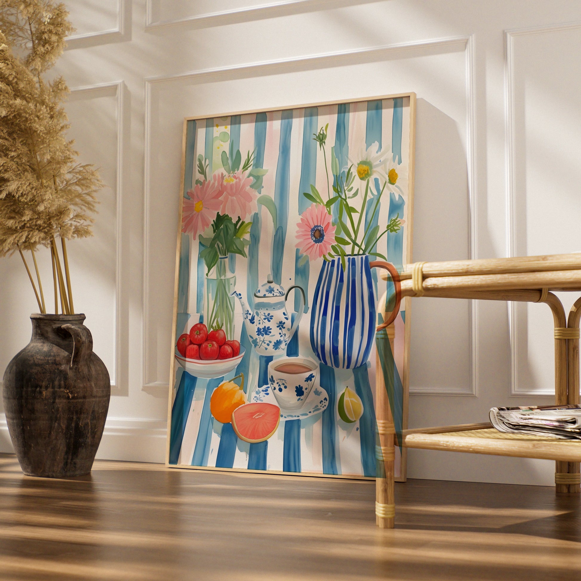 Kitchen Still Life Print, Floral Tea Pot Wall Art, Blue Stripe Watercolour Poster