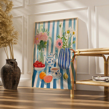 Kitchen Still Life Print, Floral Tea Pot Wall Art, Blue Stripe Watercolour Poster