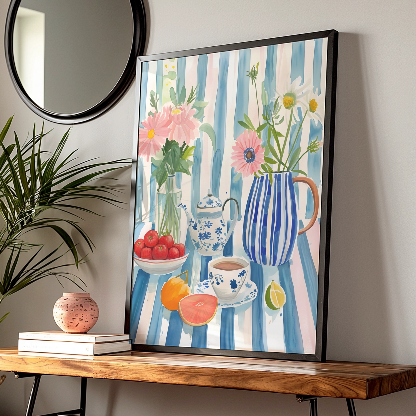 Kitchen Still Life Print, Floral Tea Pot Wall Art, Blue Stripe Watercolour Poster