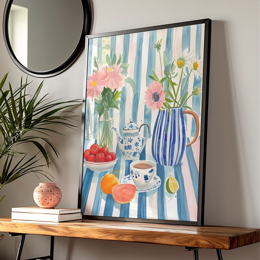 Kitchen Still Life Print, Floral Tea Pot Wall Art, Blue Stripe Watercolour Poster
