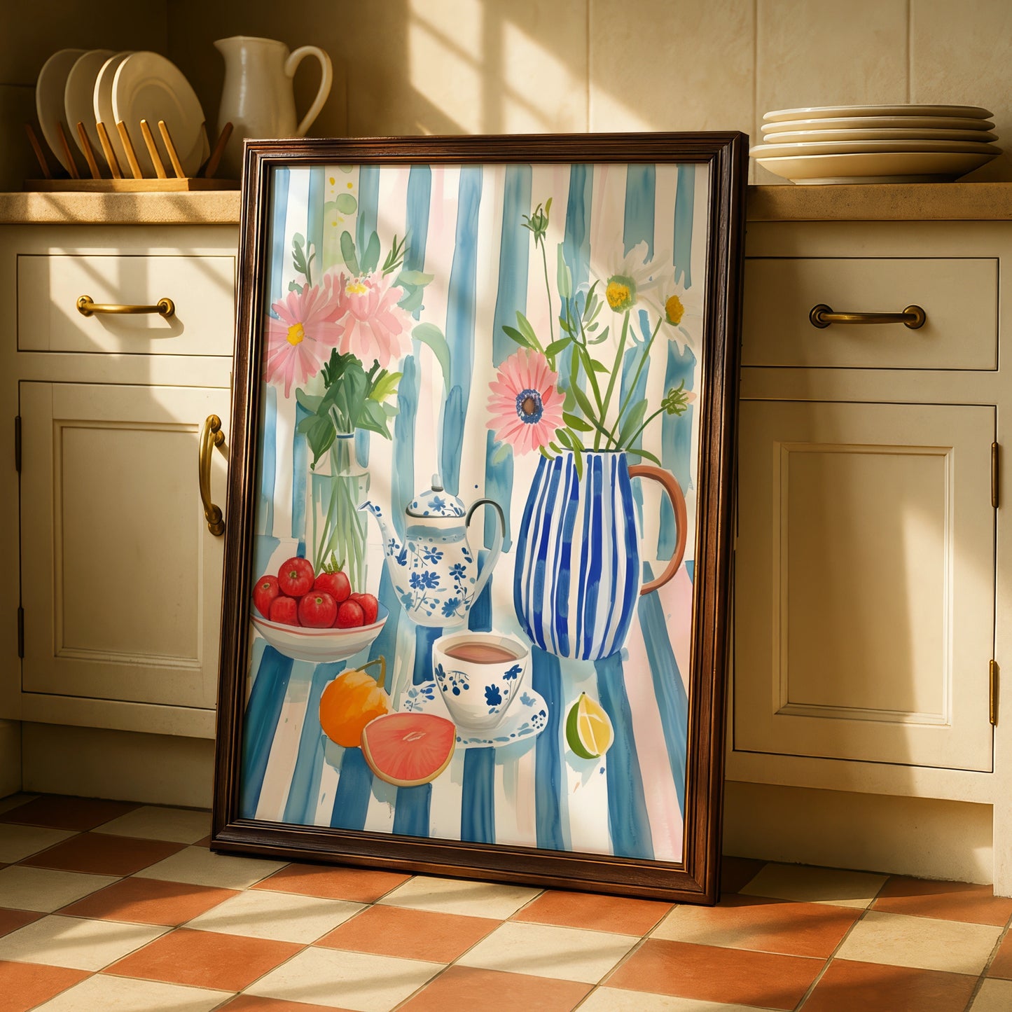 Kitchen Still Life Print, Floral Tea Pot Wall Art, Blue Stripe Watercolour Poster