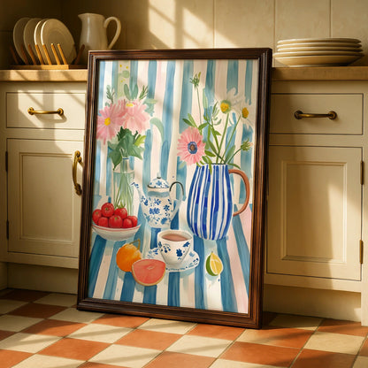 Kitchen Still Life Print, Floral Tea Pot Wall Art, Blue Stripe Watercolour Poster