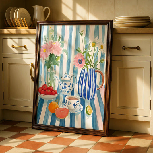 Kitchen Still Life Print, Floral Tea Pot Wall Art, Blue Stripe Watercolour Poster