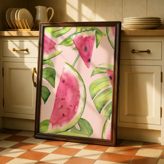 Watercolour Watermelon Kitchen Print, Tropical Fruit Wall Art, Pink Green Poster