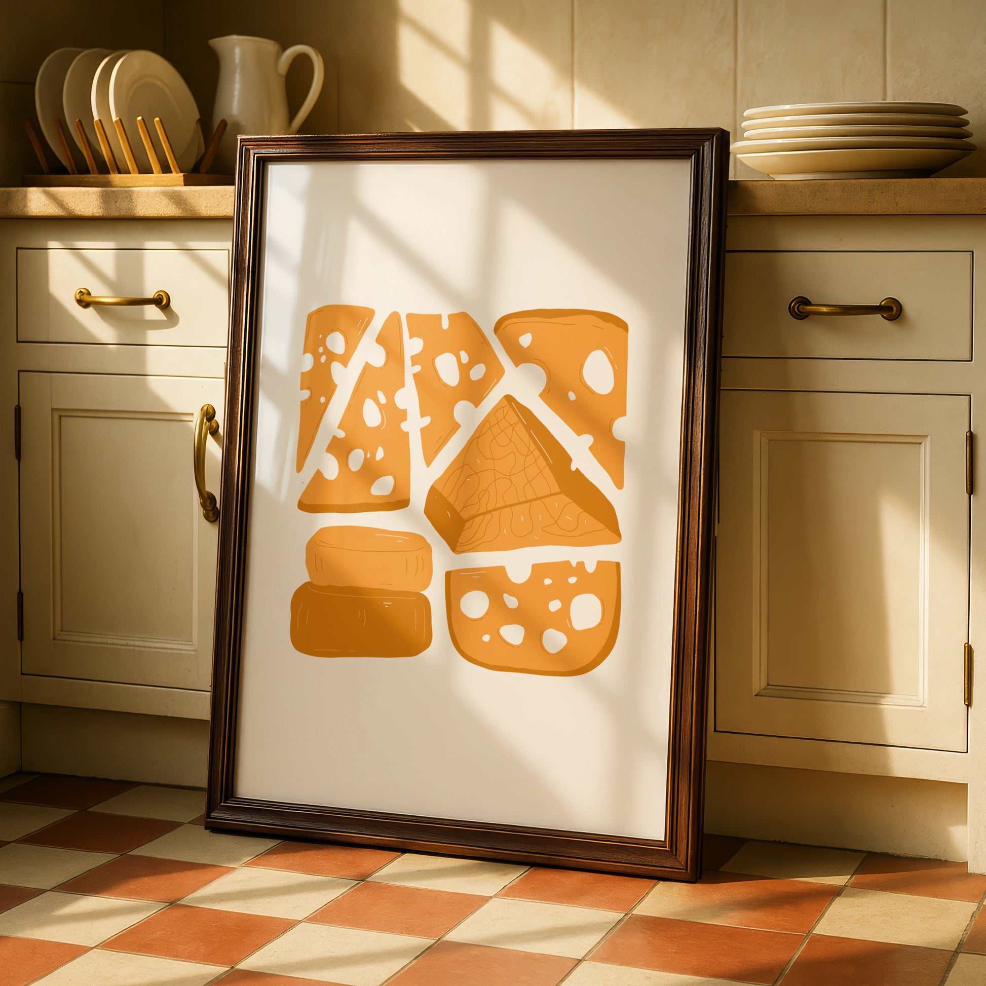 Cheese Kitchen Wall Art Print, Food Poster, Illustrated Cheese Board, Yellow Kitchen Decor