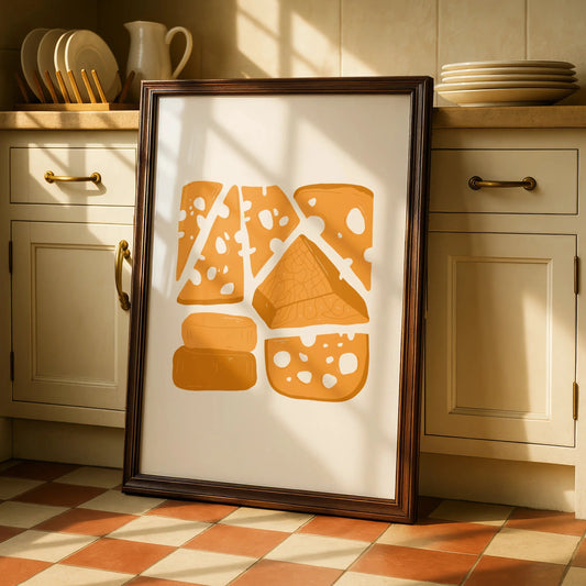 Cheese Kitchen Wall Art Print, Food Poster, Illustrated Cheese Board, Yellow Kitchen Decor
