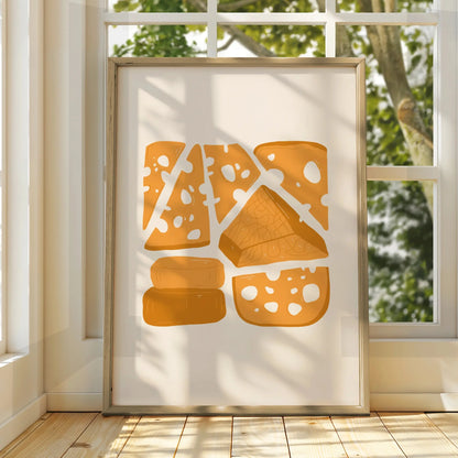 Cheese Kitchen Wall Art Print, Food Poster, Illustrated Cheese Board, Yellow Kitchen Decor