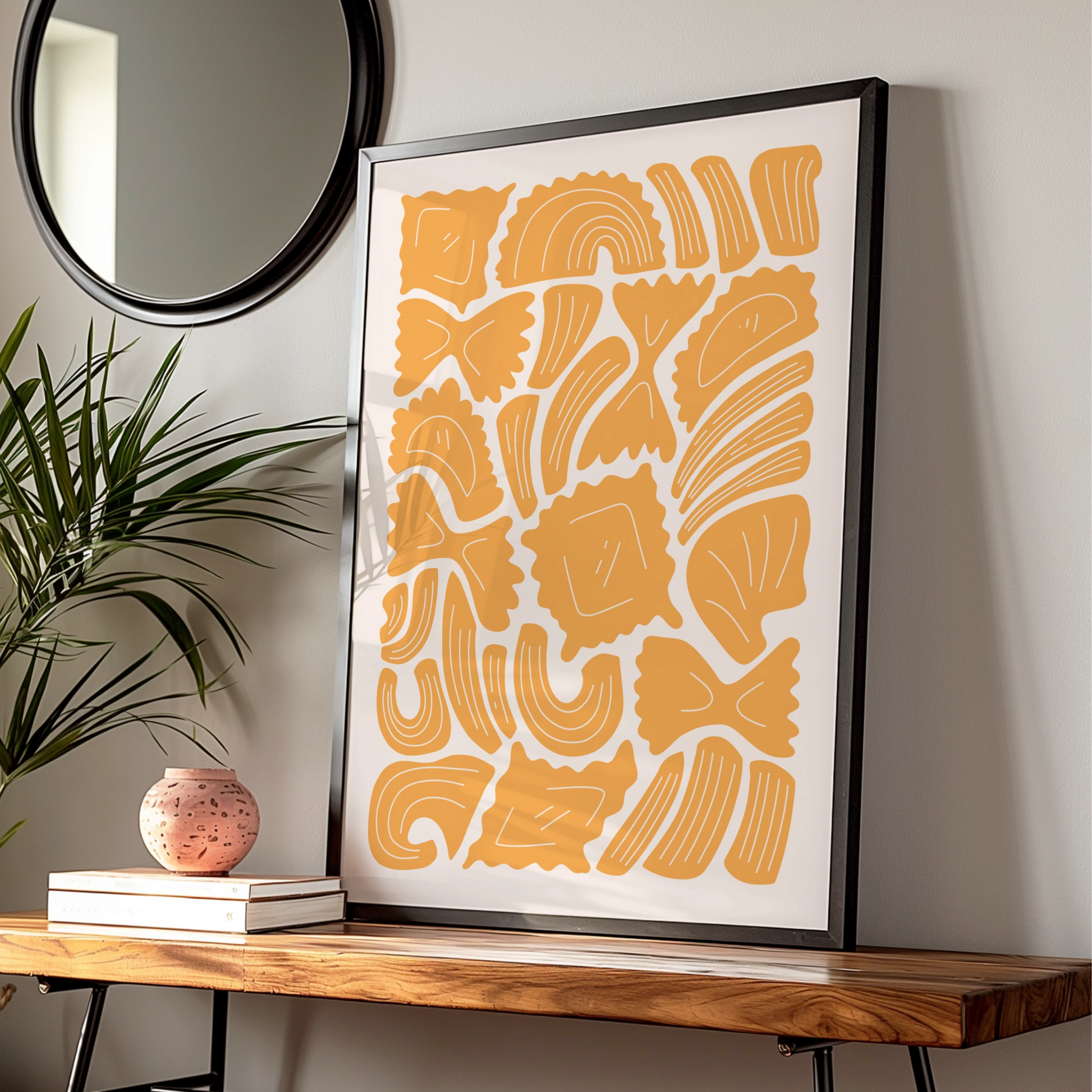 Pasta Shapes Kitchen Wall Art Print, Italian Food Poster, Mustard Yellow Kitchen Decor