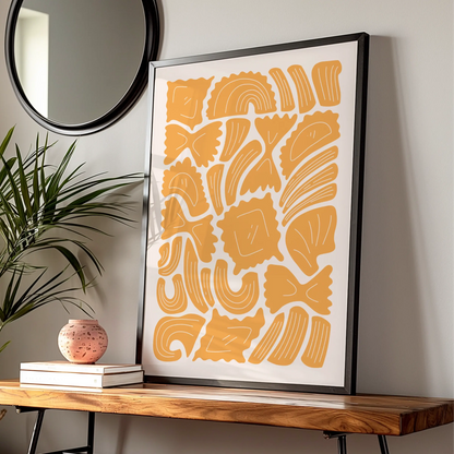 Pasta Shapes Kitchen Wall Art Print, Italian Food Poster, Mustard Yellow Kitchen Decor