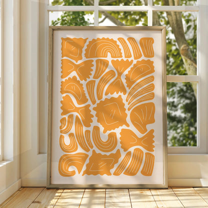 Pasta Shapes Kitchen Wall Art Print, Italian Food Poster, Mustard Yellow Kitchen Decor