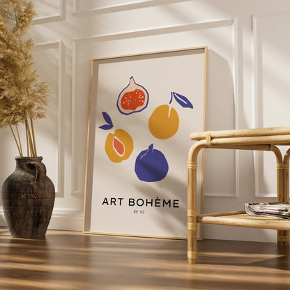 Kitchen Fruit Wall Art, Art Boheme Fig Poster, Boho Kitchen Print, Colourful Retro Fruit Decor
