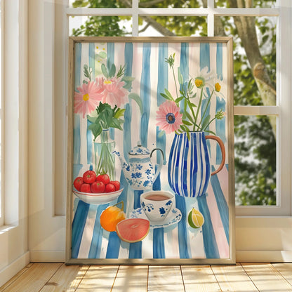 Kitchen Still Life Print, Floral Tea Pot Wall Art, Blue Stripe Watercolour Poster