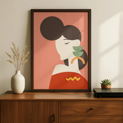 Kitchen Art Print, Retro Woman With Tea Cups Poster, Mid Century Modern Wall Art