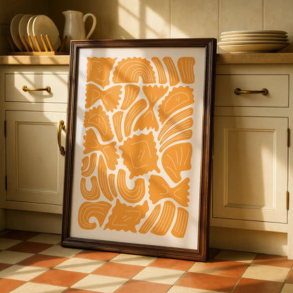 Pasta Shapes Kitchen Wall Art Print, Italian Food Poster, Mustard Yellow Kitchen Decor