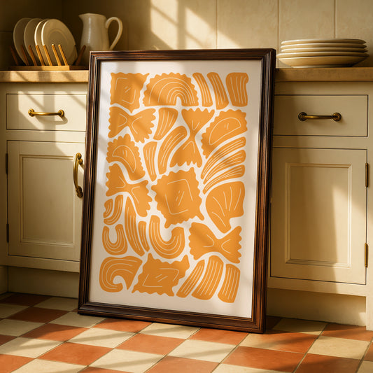 Pasta Shapes Kitchen Wall Art Print, Italian Food Poster, Mustard Yellow Kitchen Decor