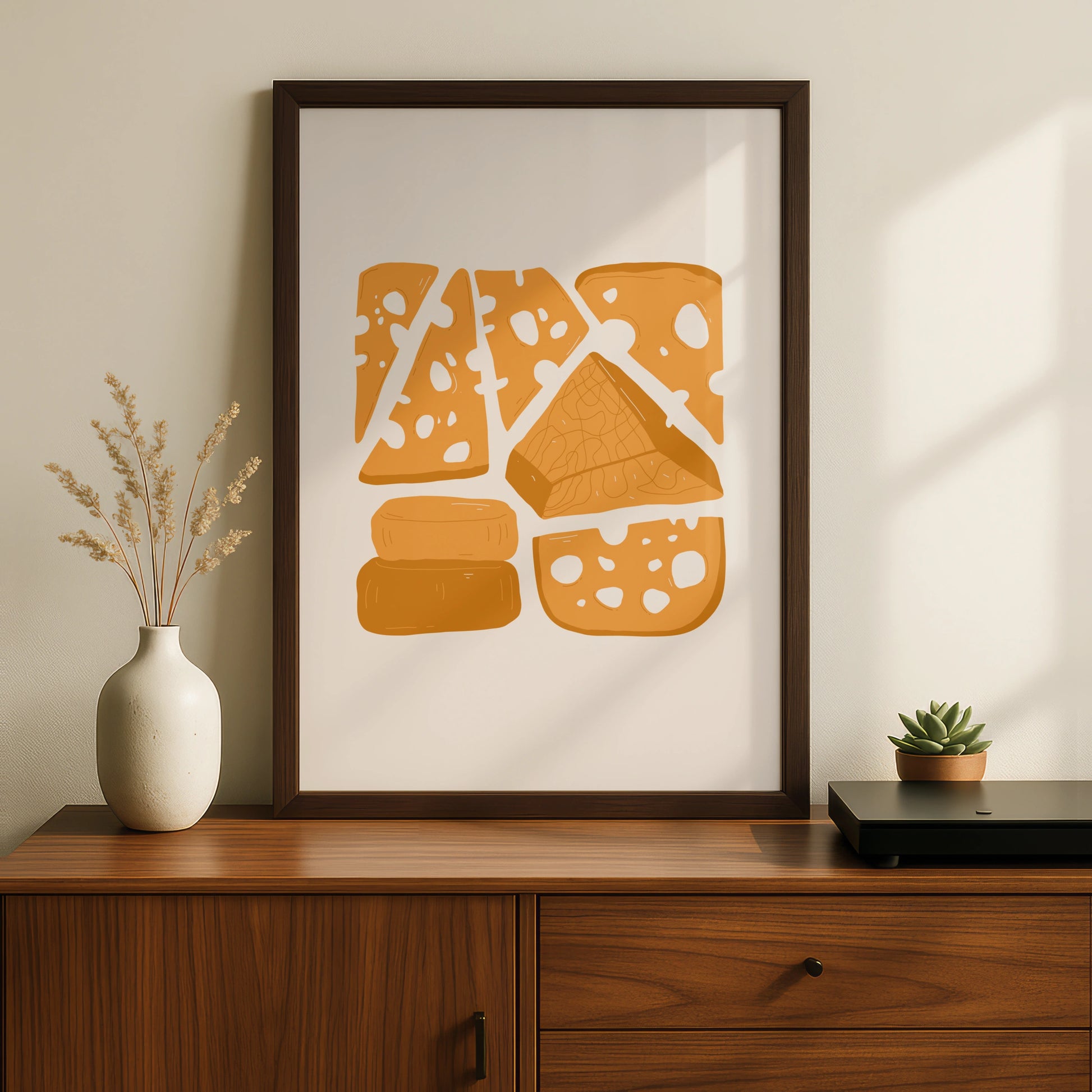 Cheese Kitchen Wall Art Print, Food Poster, Illustrated Cheese Board, Yellow Kitchen Decor