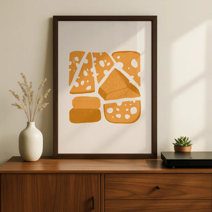 Cheese Kitchen Wall Art Print, Food Poster, Illustrated Cheese Board, Yellow Kitchen Decor