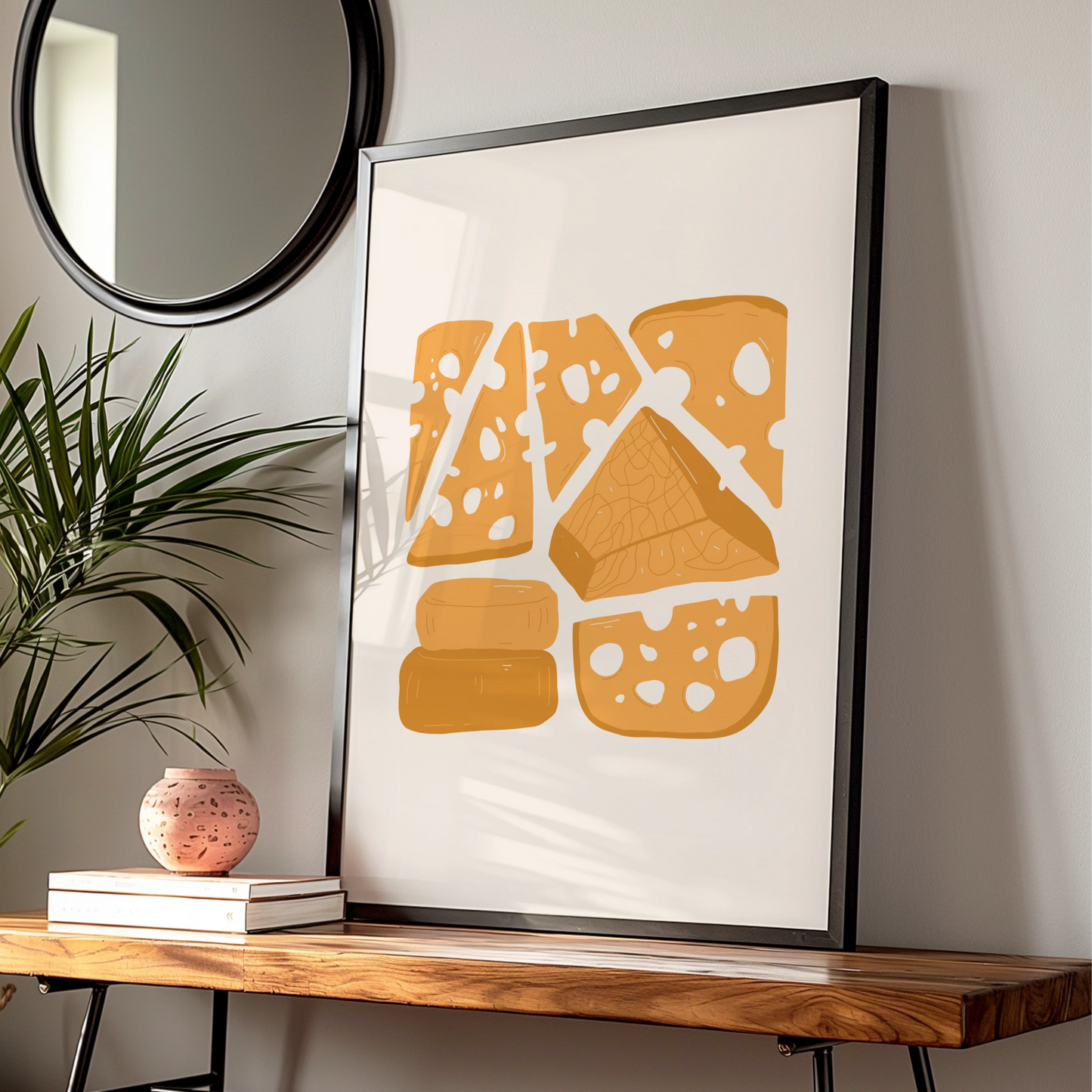 Cheese Kitchen Wall Art Print, Food Poster, Illustrated Cheese Board, Yellow Kitchen Decor