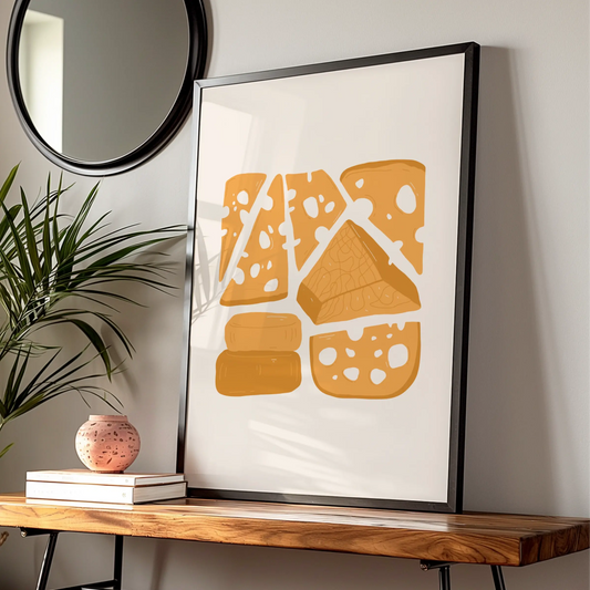 Cheese Kitchen Wall Art Print, Food Poster, Illustrated Cheese Board, Yellow Kitchen Decor